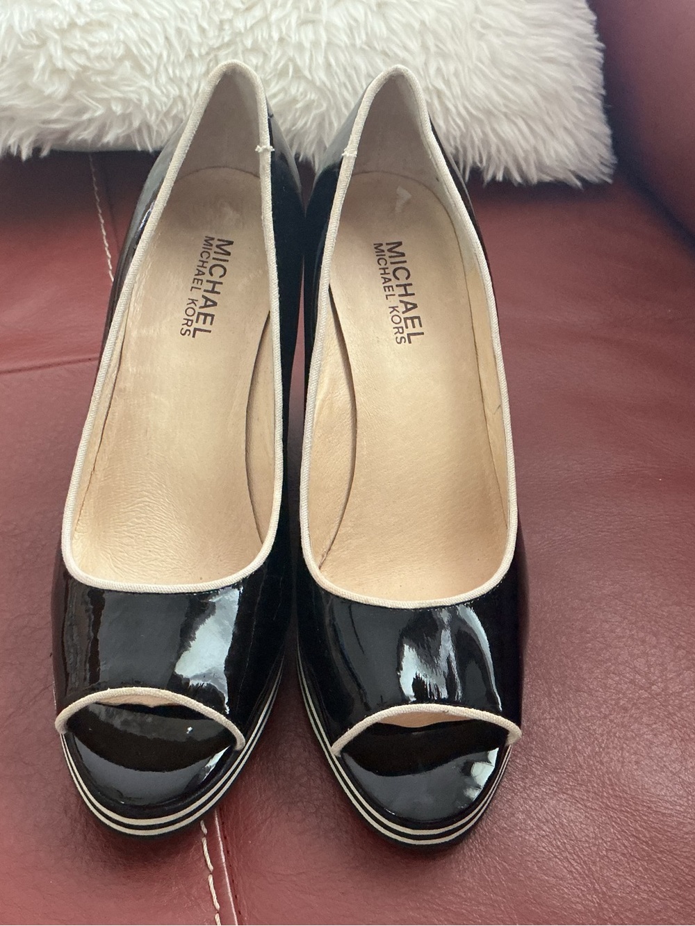 Michael Kors Black Patent Peep-Toe Pumps with Cream Trim